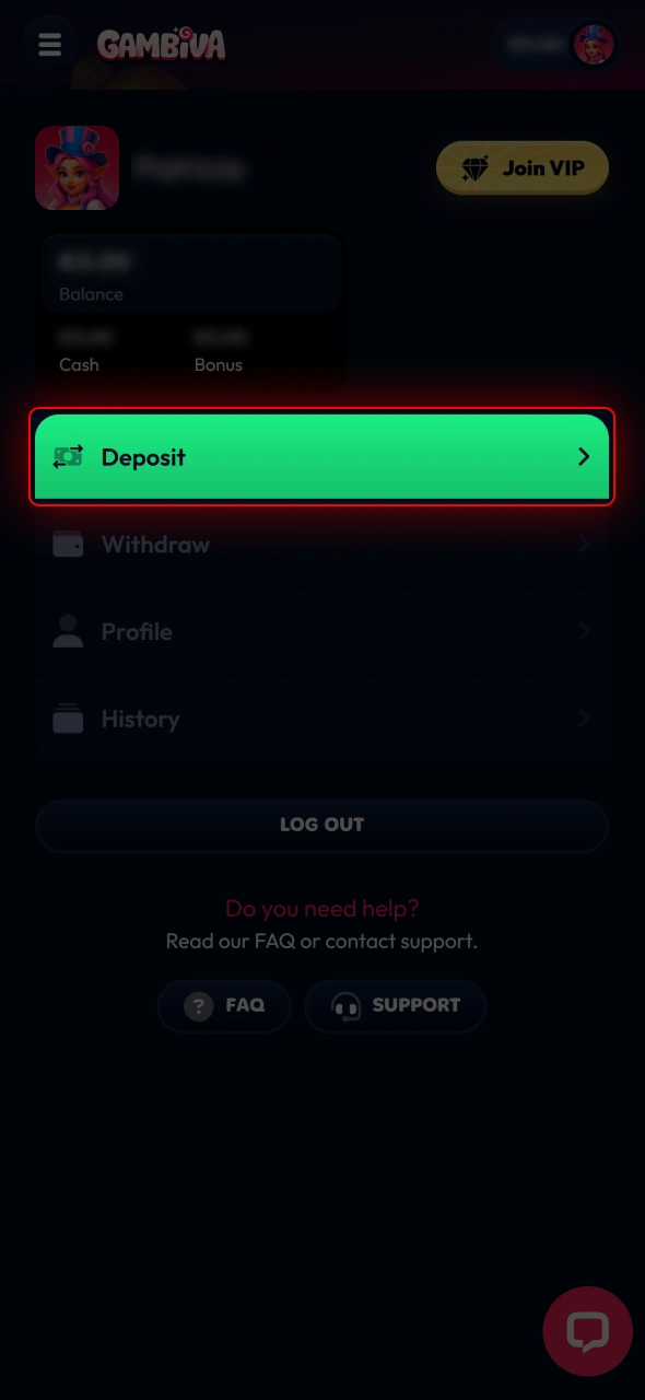 Navigate to the Gambiva cashier section to manage account payments.